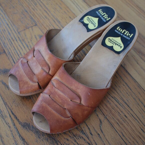 Swedish Hasbeens Toffel Made in Sweden Brown Leather Wooden Heels Size 41 - Picture 1 of 4